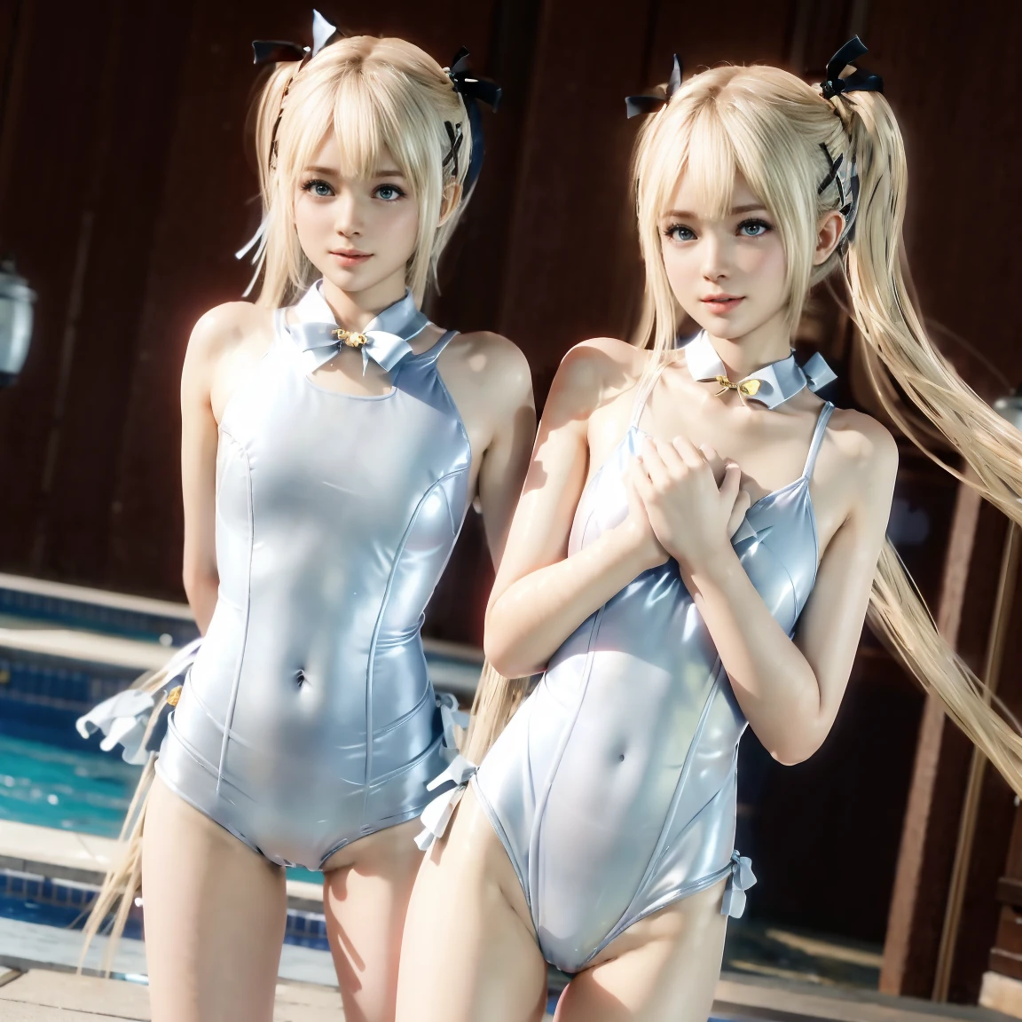 Marie rose, Anime girl with swim suits,8K resolution, surreal, Super detailed, high quality,perfect anatomy, (girl: 1.1), girl1, beautiful girl Marie rose,-yeld, Swes,  detailed face, long hair, (middle breasts),(thin hips), (White swimming race suit :1.3), (camel toe), cute, Marie rose faces, smile,(((fold your arms in front of your chest:1.3)))