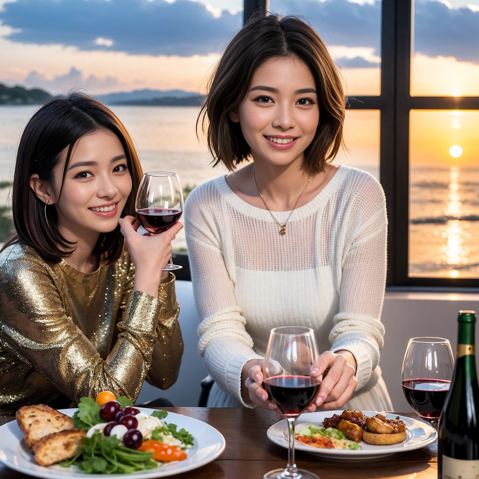 ((Highest quality、8K、masterpiece:1.3))、 (Genuineistic, Genuine、Bright image、Intricate details:1.2), 最高のsmile、1 male、1 female、Beautiful couple、Love Love Love、Happy Tokyo Lovers、、Good friends、actress couple、smile、Full-course dinner at a packed table、 (Slim face), (the body is slim), (Brown Hair), (short hair), テーブルのwine glass、Please shine a light on my face、 Amazing view of the sunset sky and clouds、 39 years old, red wine 、Appetizers、Wine bottle、sparkling wine、Long sleeve shirt、dress、White wine, red wine, wine glass,