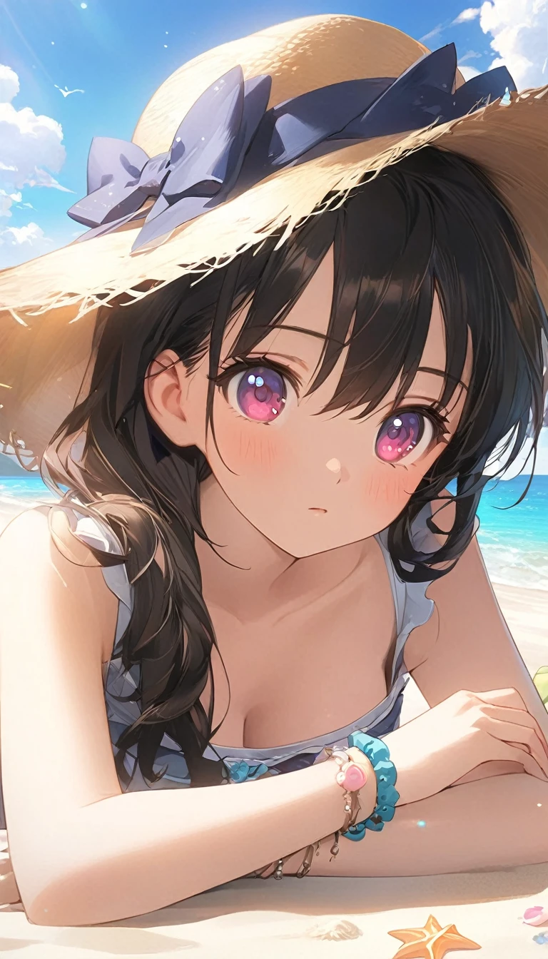 anime girl laying on the beach with a hat on, anime visual of a cute girl, cute anime girl, 4k anime wallpaper, beautiful anime girl, smooth anime cg art, anime style 4 k, pretty anime girl, guweiz, best anime 4k konachan wallpaper, beautiful anime portrait, in the beach, , cute anime girl portraits,