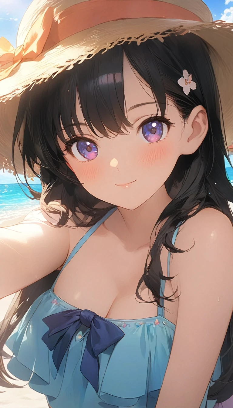 anime girl laying on the beach with a hat on, anime visual of a cute girl, cute anime girl, 4k anime wallpaper, beautiful anime girl, smooth anime cg art, anime style 4 k, pretty anime girl, guweiz, best anime 4k konachan wallpaper, beautiful anime portrait, in the beach, , cute anime girl portraits, 