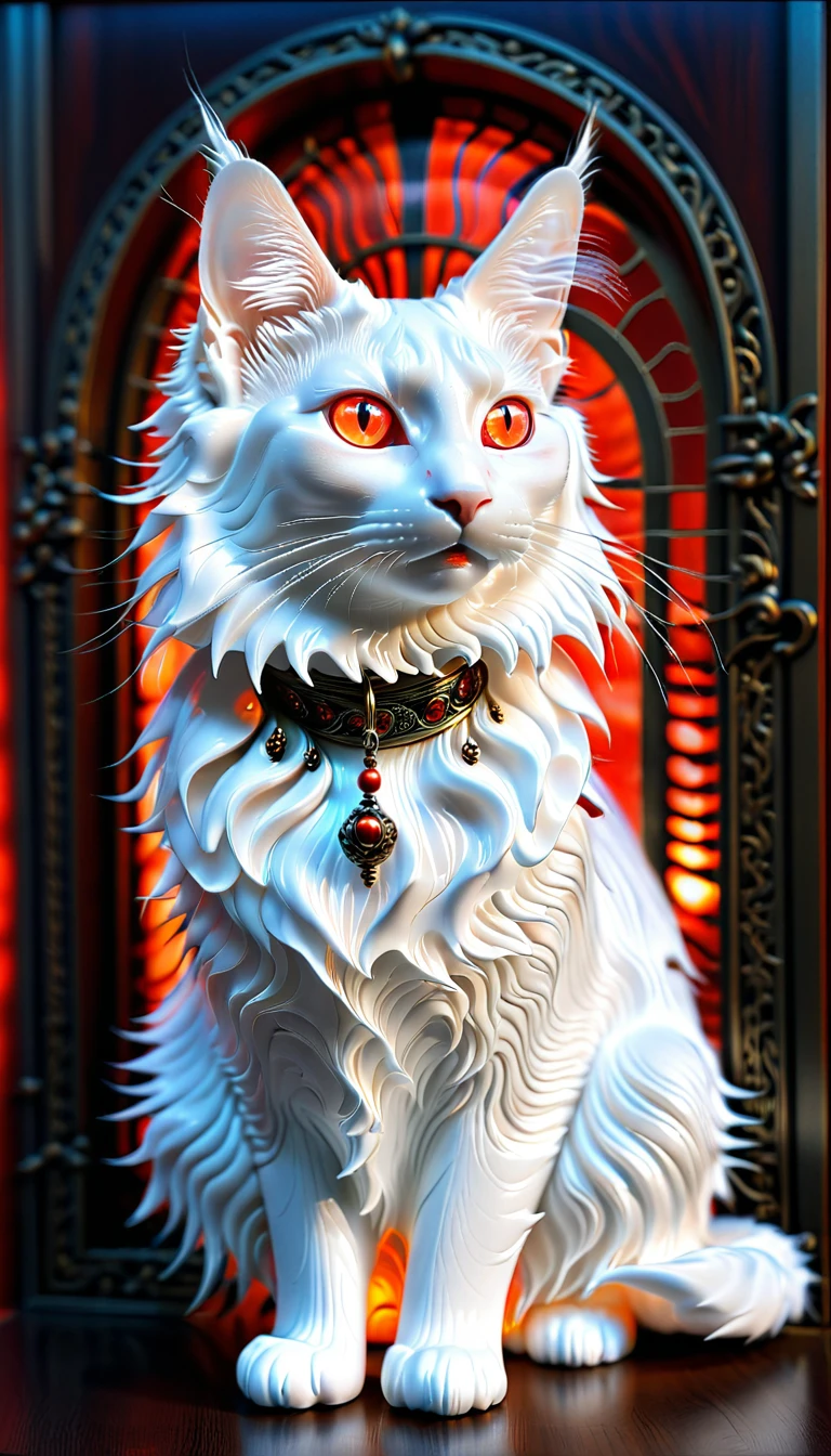 There is no one, realistic photo, realism, Turkish Angora (Turkish Angora) cat, future oriented, metal decoration, Shining red light inside, hollow interior, Polish, ray tracing, perfect composition, intricate details, Very sharp, masterpiece, profile, high resolution