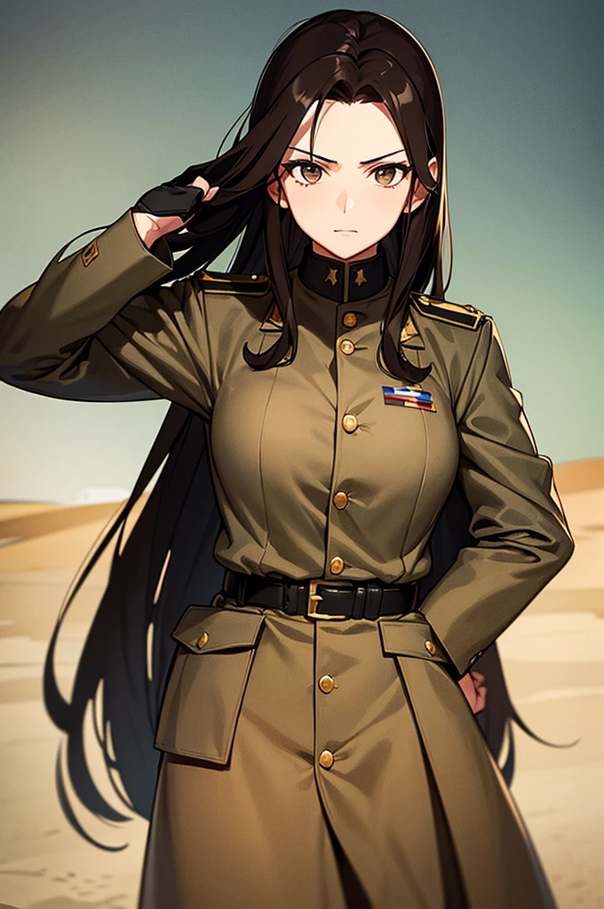 Content:
A black, adult female general with long brown hair and brown eyes. She has a mature face and is wearing a uniform loosely inspired by German military attire. She is saluting the camera with a confident and serious expression, her left hand behind her back.
Medium:
Digital art, anime illustration.
Style:
Pixiv contest winner, fine art, incorporating elements from historical military aesthetics and anime character design to emphasize a confident and mature look. Drawing style references from artists known for their strong, detailed character portrayals like Yoji Shinkawa.
Lighting:
Dramatic, with strong contrasts to highlight her authoritative presence and the details of her uniform. Subtle shadows add depth and realism, emphasizing her serious demeanor.
Colours:
A palette of military greens and browns, with subtle highlights to bring out the texture of the uniform and her facial features. The background is a desert setting, enhancing the military theme.
Composition:
A full-body shot, capturing her mature and confident demeanor. She stands tall and proud, with her right hand raised in a salute and her left hand behind her back. The desert landscape serves as the backdrop, reinforcing her military presence.