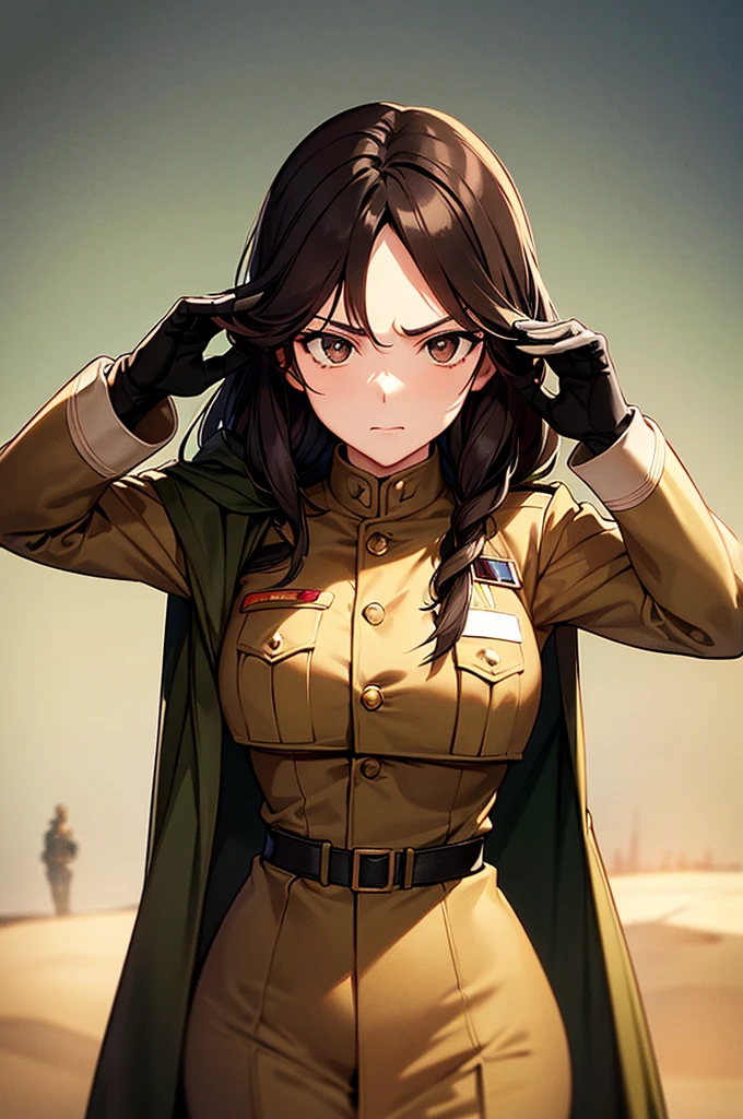 Content:
A black, adult female general with long brown hair and brown eyes. She has a mature face and is wearing a uniform loosely inspired by German military attire. She is saluting the camera with a confident and serious expression, her left hand behind her back.
Medium:
Digital art, anime illustration.
Style:
Pixiv contest winner, fine art, incorporating elements from historical military aesthetics and anime character design to emphasize a confident and mature look. Drawing style references from artists known for their strong, detailed character portrayals like Yoji Shinkawa.
Lighting:
Dramatic, with strong contrasts to highlight her authoritative presence and the details of her uniform. Subtle shadows add depth and realism, emphasizing her serious demeanor.
Colours:
A palette of military greens and browns, with subtle highlights to bring out the texture of the uniform and her facial features. The background is a desert setting, enhancing the military theme.
Composition:
A full-body shot, capturing her mature and confident demeanor. She stands tall and proud, with her right hand raised in a salute and her left hand behind her back. The desert landscape serves as the backdrop, reinforcing her military presence.
