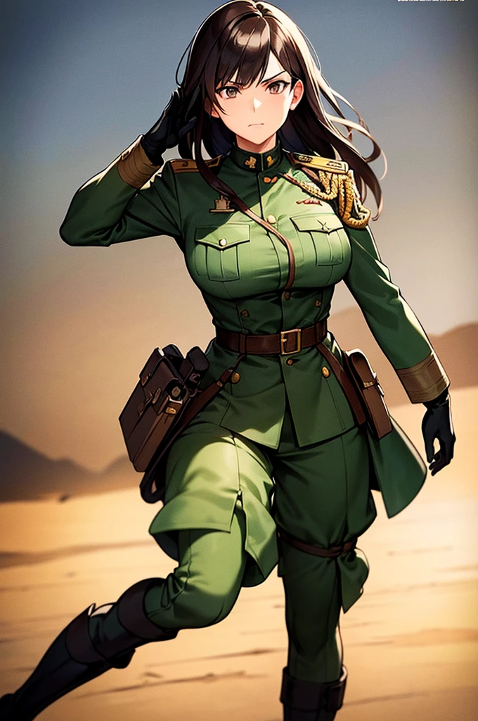 Content:
A black, adult female general with long brown hair and brown eyes. She has a mature face and is wearing a uniform loosely inspired by German military attire. She is saluting the camera with a confident and serious expression, her left hand behind her back.

Medium:
Digital art, anime illustration.

Style:
Pixiv contest winner, fine art, incorporating elements from historical military aesthetics and anime character design to emphasize a confident and mature look. Drawing style references from artists known for their strong, detailed character portrayals like Yoji Shinkawa.

Lighting:
Dramatic, with strong contrasts to highlight her authoritative presence and the details of her uniform. Subtle shadows add depth and realism, emphasizing her serious demeanor.

Colours:
A palette of military greens and browns, with subtle highlights to bring out the texture of the uniform and her facial features. The background is a desert setting, enhancing the military theme.

Composition:
A full-body shot, capturing her mature and confident demeanor. She stands tall and proud, with her right hand raised in a salute and her left hand behind her back. The desert landscape serves as the backdrop, reinforcing her military presence.