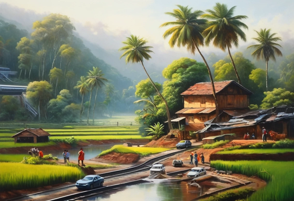 An oil painting depicting a rural scene，Smart Rail Transit，People&#39;s happy rural life，A helicopter is seen flying over the village,Modern residential buildings ，A beautiful artistic illustration, Landscape Artwork, 4k hd wallpaper illustration, Beautiful oil painting, 4k HD Matte Digital Paintings, Beautiful digital painting, Landscape Art Detail,  Kerala Village, Detailed painting 4k, Amazing wallpapers, Stunning numbers, 