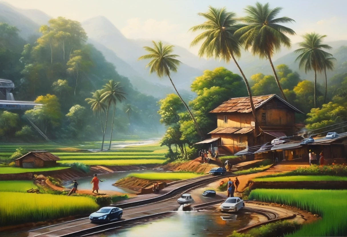 An oil painting depicting a rural scene,Smart Rail Transit,People's happy rural life,A helicopter is seen flying over the village,Modern residential buildings ,A beautiful artistic illustration, Landscape Artwork, 4k hd wallpaper illustration, Beautiful oil painting, 4k HD Matte Digital Paintings, Beautiful digital painting, Landscape Art Detail, Kerala Village, Detailed painting 4k, Amazing wallpapers, Stunning numbers,