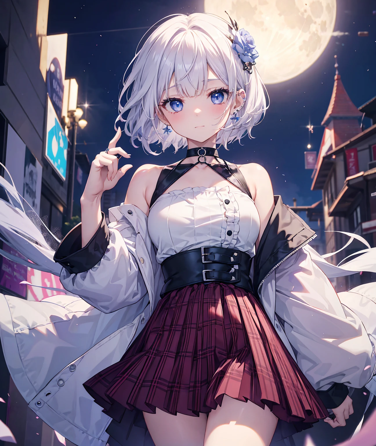 ​masterpiece, of the highest quality, Highly detailed,The best shading、
Beautiful anime face, white hair and blue eyes, full body Esbian, Standing, Good posture,、Hold up your little finger、Glowing skin, ear piercings,Shorthair,Side tail、Bangs that hide the eyes、Cool Face、、Hanging、 
Bright white hair color, Hairpin,(A smile:0.8),(embarrassed from:1.1)、(perspiring;0.8)、Purple eye color、Hanging、normal hands, Colossal , Ring-shaped bangle on left hand, Choker,hair pin、Thin ribbon、
Idol jacket、Tube Top Shirt、Plaid pleated skirt、panthyhose、Navel、clothes shiny、Ring overhead、
Night, fullmoon, starrysky、Scattered light particles, Blurry background image,