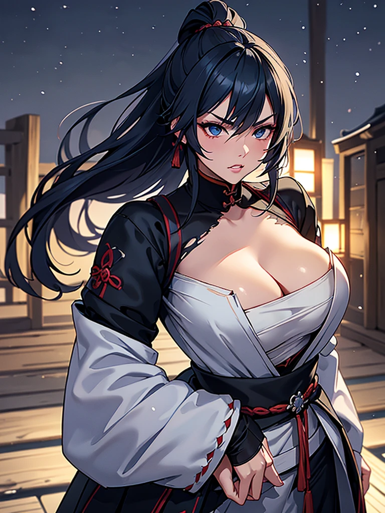 a female samurai, beautiful detailed eyes, beautiful detailed lips, extremely detailed face, long eyelashes,hyper realistic lighting,(super detailed:1.3),((best quality:1.2)),((masterpiece:1.2)),female focus,lonely beauty,(nighttime:1.6),(standing in a medieval europe castletown),cowboy shot,cleavage,((chest sarashi:1.125)),topknot,muted dark blue hair,white samurai coat,(black samurai pants:1.3),(angry:1.1),(wearing one sleeve),(ripped clothing:1.4)