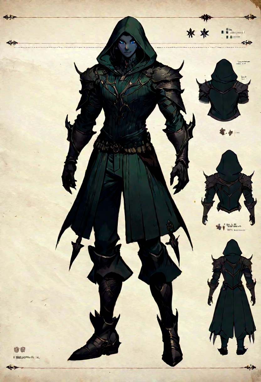 A young male with thin muscular phisque, black hair with blue eyes, hair long, dark outfit, three-dimensional facial features,Clear Eyes,rough skin texture,Dark lowered hood n back of jacket, boots on feet,The concept of a modern character, complex character, RPG concept art character, full body concept, Character posing for concept art, RPG character concept art, senior concept artist, Detailed full-body concept, fantasy character design, dark fantasy character design, concept art character, spirit fantasy concept art