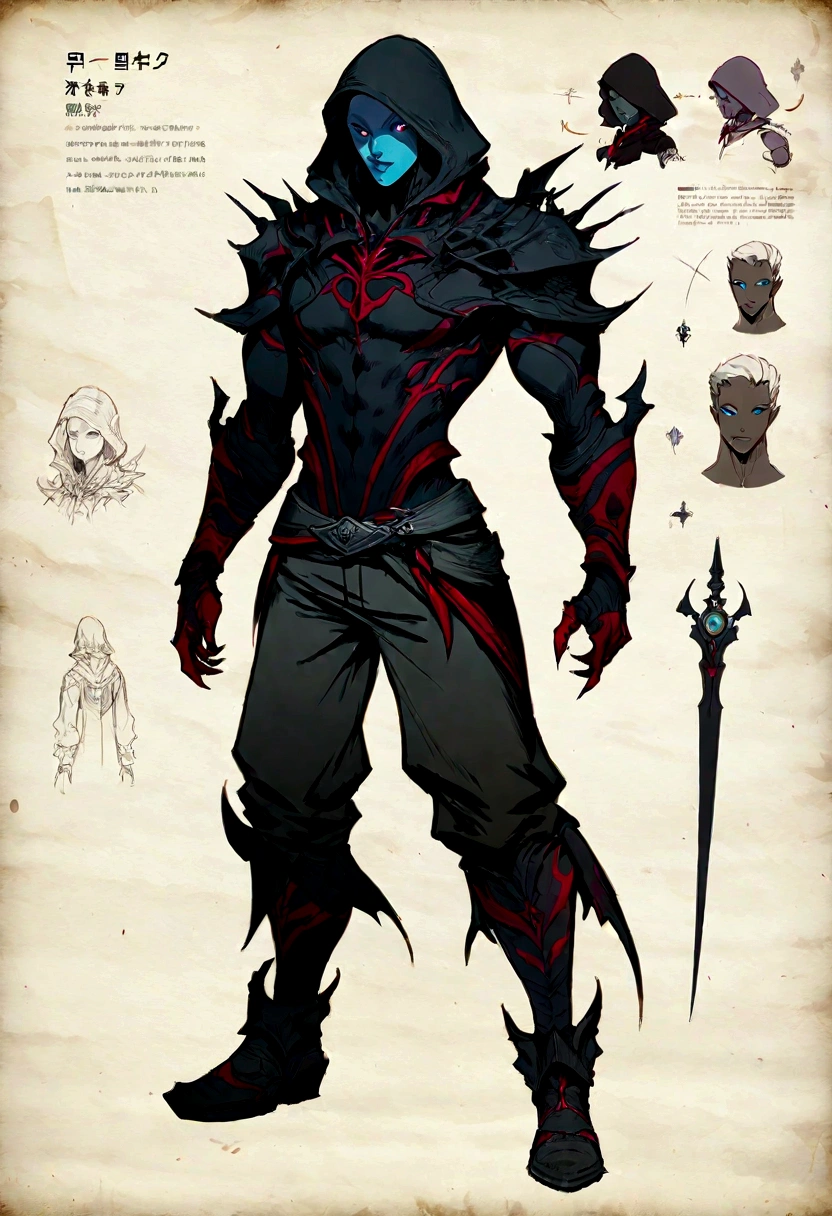 A young male with thin muscular phisque, black hair with blue eyes, hair long, dark outfit, three-dimensional facial features,Clear Eyes,rough skin texture,Dark lowered hood n back of jacket, boots on feet,The concept of a modern character, complex character, RPG concept art character, full body concept, Character posing for concept art, RPG character concept art, senior concept artist, Detailed full-body concept, fantasy character design, dark fantasy character design, concept art character, spirit fantasy concept art