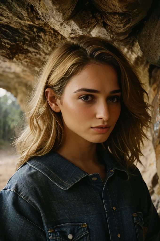 photograph of a woman, (troubled facial expression), textured skin, goosebumps, blonde afro hair, plaid flannel shirt with distressed boyfriend jeans, cowboy shot, dark and mysterious cave with unique rock formations and hidden wonders, perfect eyes, (candlelight,chiaroscuro), Porta 160 color, shot on ARRI ALEXA 65, bokeh, sharp focus on subject, shot by Don McCullin