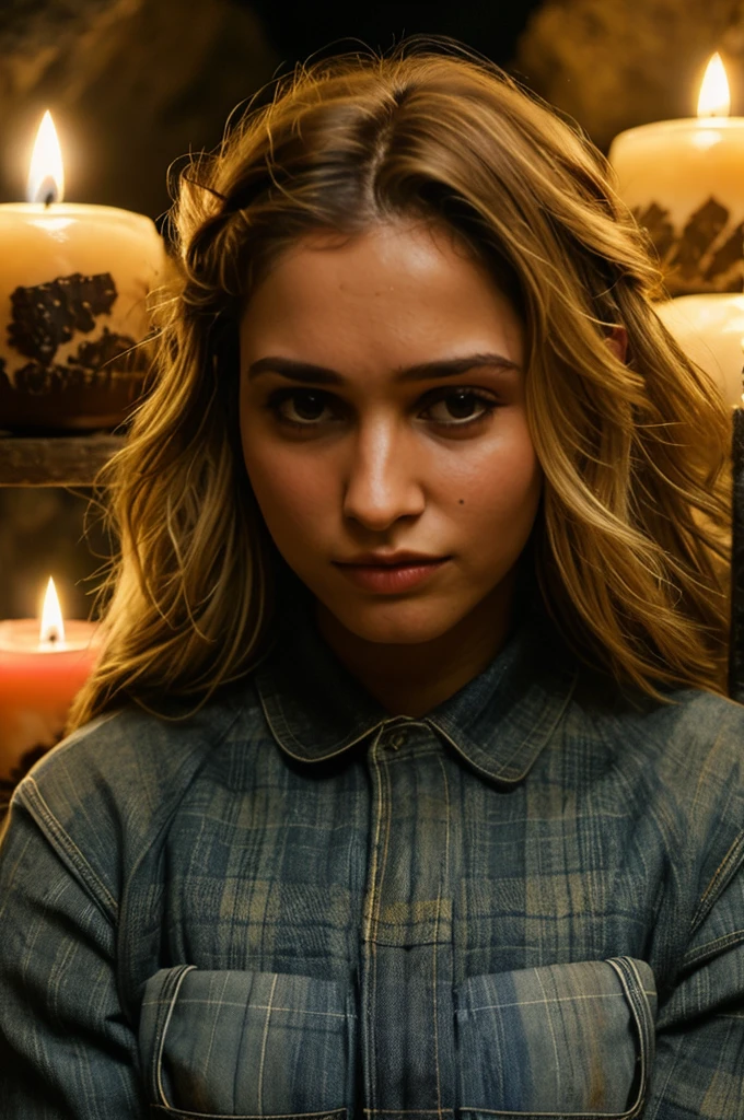 photograph of a woman, (troubled facial expression), textured skin, goosebumps, blonde afro hair, plaid flannel shirt with distressed boyfriend jeans, cowboy shot, dark and mysterious cave with unique rock formations and hidden wonders, perfect eyes, (candlelight,chiaroscuro), Porta 160 color, shot on ARRI ALEXA 65, bokeh, sharp focus on subject, shot by Don McCullin