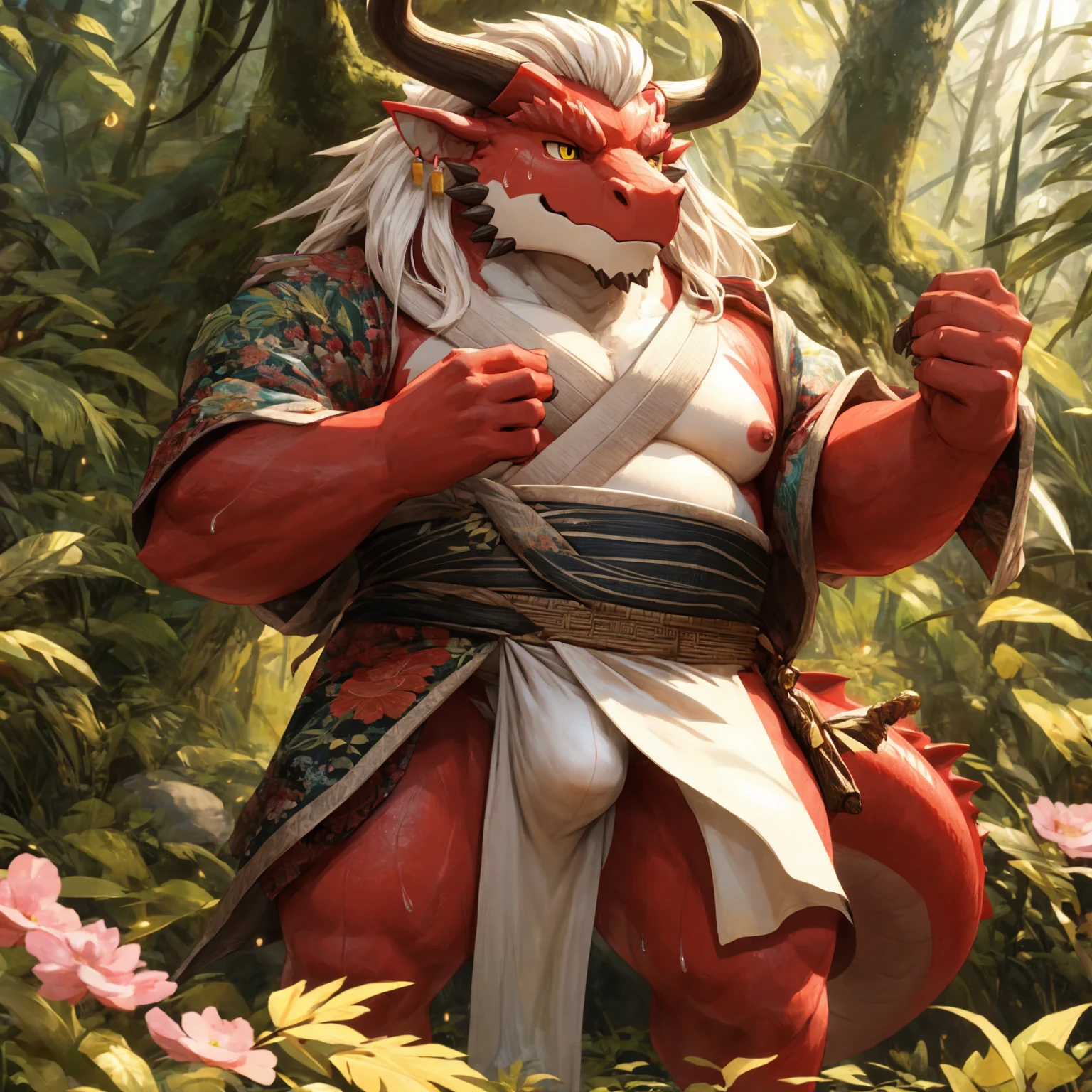 ultra-detailed, masterpiece, masterwork, high quality, best quality, hdr, (nature, japanese style), nsfw, male, solo, chibi, dragon, ((bare kimono, bulge loincloth, white loincloth)), (little red body minotaur), (white chubby body), (long golden hair, yellow eyes, cool eyes), standing, cross your arms, dynamic angle, earrings, sweat