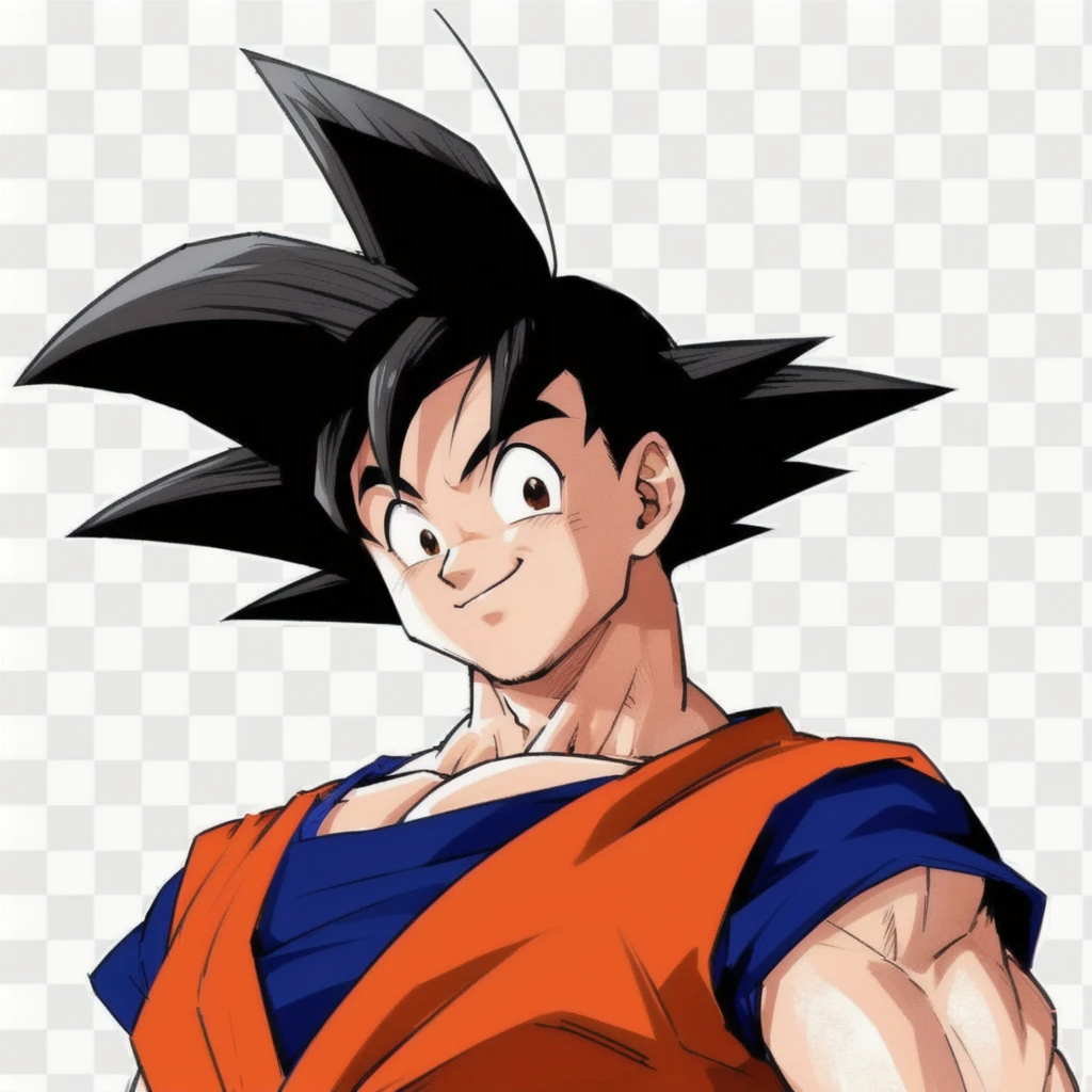 goku, black hair, smile, black eyes, orange clothes with blue edges, muscular