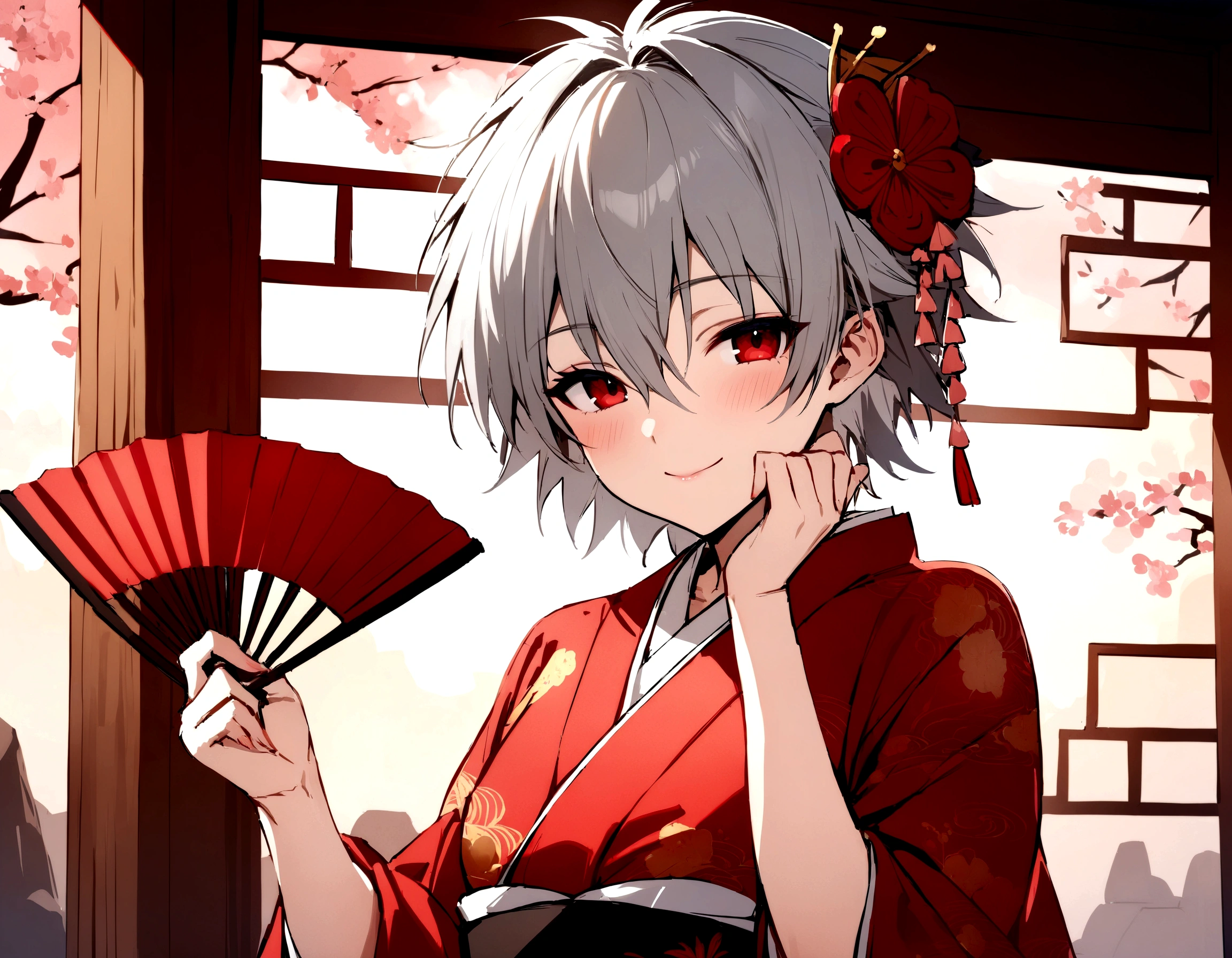 masterpiece, best quality, kaworu nagisa, cute, hot, elegant, seductive, red eyes, 1boy, ancient japan background, boy wearing female kimono, red decorative kimono, hair accessories, holding fan, smiling sweetly