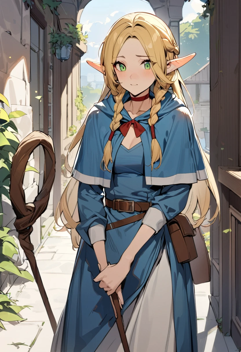 1girl,elf,blonde hair,long hair,braid,twin braids, pointy ears, green eyes, choker,capelet, dress,belt,pouch, staff,holding staff, cowboy shot,  masterpiece, best quality, very aesthetic, absurdres