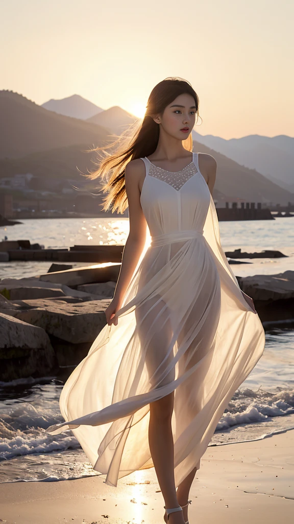 ((Best quality,High Detail,masterpiece:1.2)),(summer mountains,Sunset),(Backlight, See through body contours:1.3), 1 20-year-old girl, full-body shot:1.3,White dress dress,Clear facial features:1.5,standing solo, Elegant posture,Delicate face, White-skinned female,