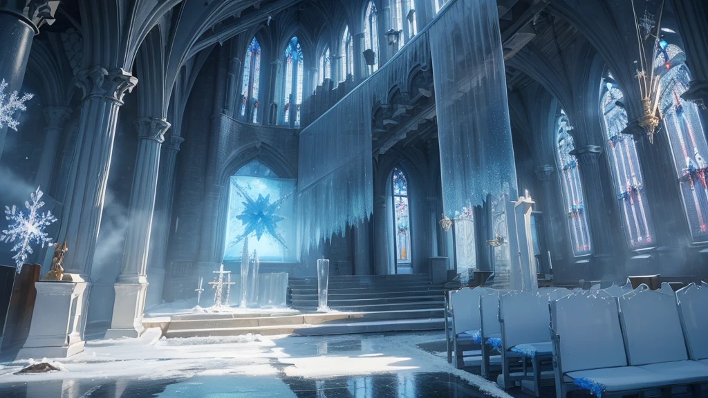 (((Different world interior scene，Frozen Church,Rooftop blue flag)))，（Spiral staircase,Statue of the Goddess），shrine，beauty，Spectacular，majesty，luxurious，Ice cubes，Crystal clear，Glass，transparent，Light，warmth，