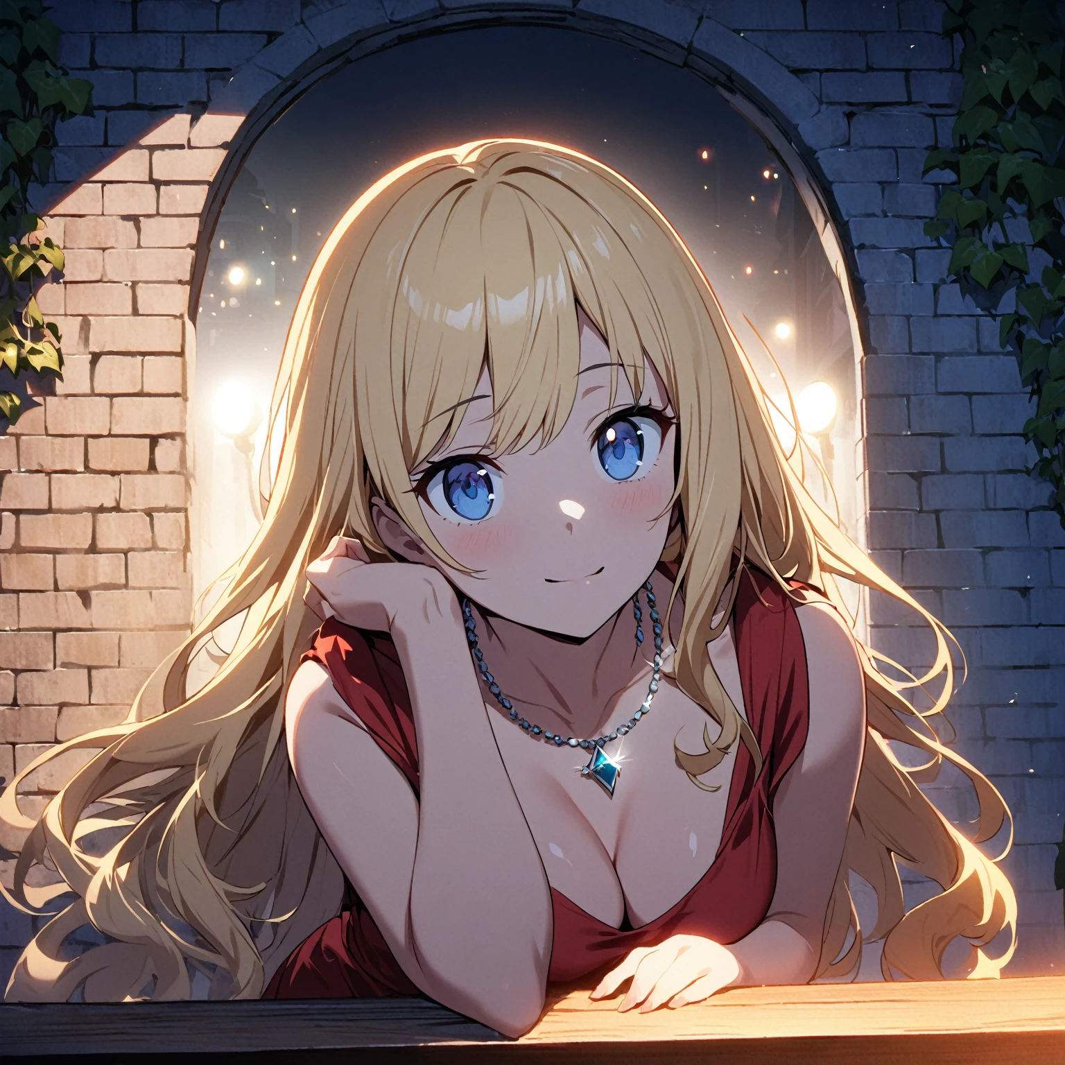1girl、Blonde、Red dress、blue eyes、diamond necklace、night、terrace、ivy、Ramparts、The lights of the party venue behind、deep shadows、spot light、ultra-detailed、