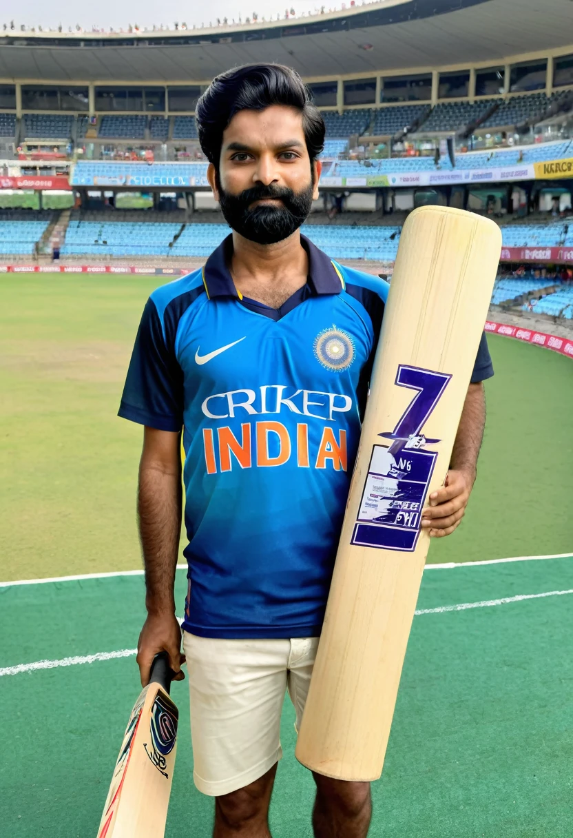 20 year boy,holds a cricket bat,worn a Indian cricket team tshirt with name ' PRINCE '
,jersey number 07 , front view,black hair,in stadium,on pitch,fair skin ,cute,no beared