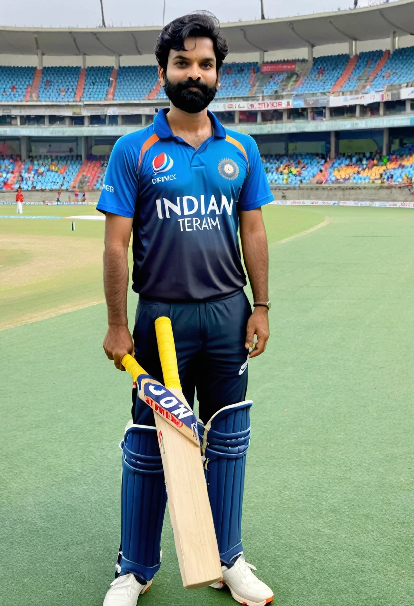 20 year boy,holds a cricket bat,worn a Indian cricket team tshirt with name ' PRINCE '
,jersey number 07 , front view,black hair,in stadium,on pitch,fair skin ,cute,no beared
