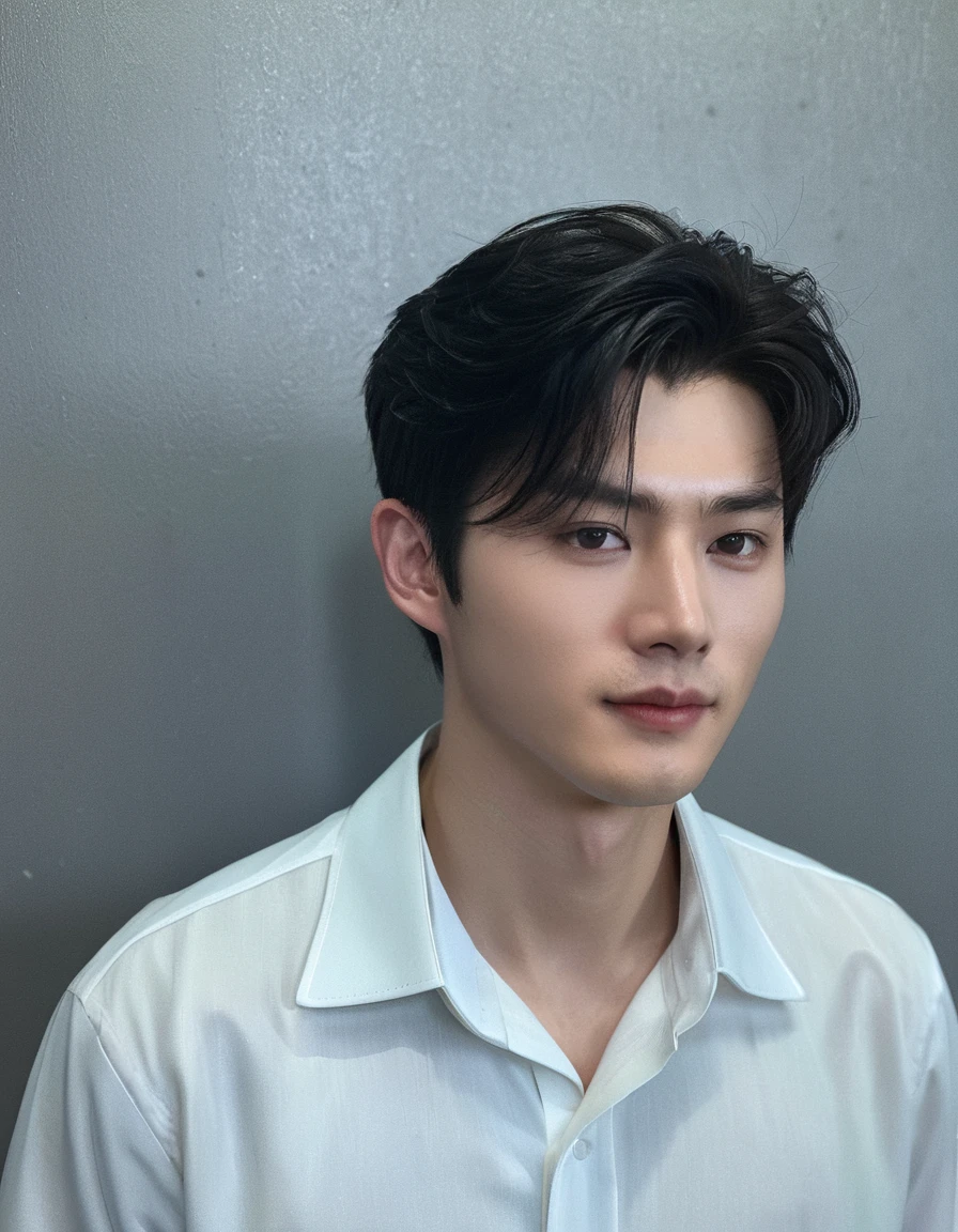 Best Quality, 8k, Masterpiece, (Portrait: 1.3), (photo realistic:1.4), (hyper realistic:1.4), Sharp Focus, looking at viewer, (smoother lighting:1.1), (increase cinematic lighting quality:0.9), realistic lighting, backlighting, light on face, ray trace, (brightening light:1.2), (Increase quality:1.4), sharp detail, (best quality real texture skin:1.4), finely detailed eyes, black_eyes, finely detailed face, 25 year old Korean man, (white formal_shirt:1.4), (Create an image maintaining the original base model hairstyle:1.5)