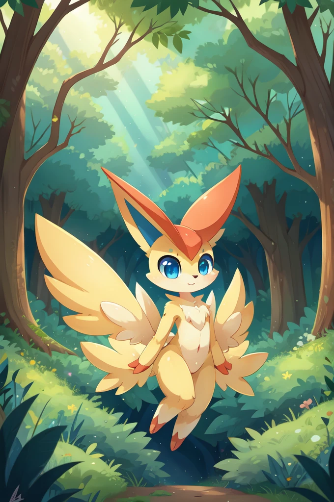 Furry boy, Victini, clear yellow body fur, blue eyes, :3, detailed body fur, detailed face, detailed eyes, glistering body, shiny body, gorgeous body, solo, forest,