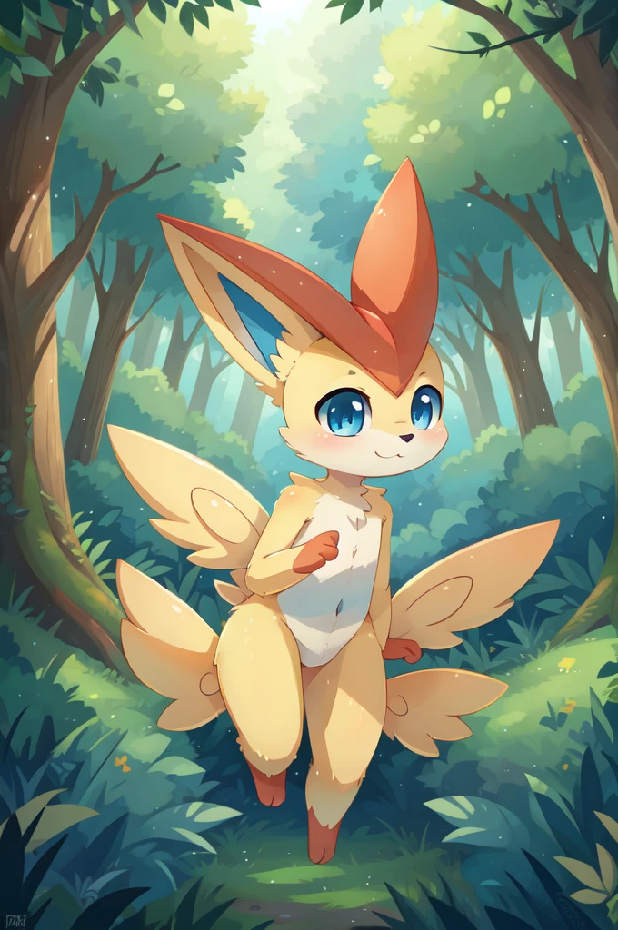 Furry boy, Victini, clear yellow body fur, blue eyes, :3, detailed body fur, detailed face, detailed eyes, glistering body, shiny body, gorgeous body, solo, forest,
