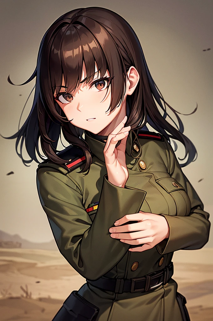 Content:
A black, adult female general with long brown hair and brown eyes. She has a mature face and is wearing a uniform loosely inspired by German military attire. She is saluting the camera with a confident and serious expression, her left hand behind her back.
Medium:
Digital art, anime illustration.
Style:
Pixiv contest winner, fine art, incorporating elements from historical military aesthetics and anime character design to emphasize a confident and mature look. Drawing style references from artists known for their strong, detailed character portrayals like Yoji Shinkawa.
Lighting:
Dramatic, with strong contrasts to highlight her authoritative presence and the details of her uniform. Subtle shadows add depth and realism, emphasizing her serious demeanor.
Colours:
A palette of military greens and browns, with subtle highlights to bring out the texture of the uniform and her facial features. The background is a desert setting, enhancing the military theme.
Composition:
A full-body shot, capturing her mature and confident demeanor. She stands tall and proud, with her right hand raised in a salute and her left hand behind her back. The desert landscape serves as the backdrop, reinforcing her military presence.
