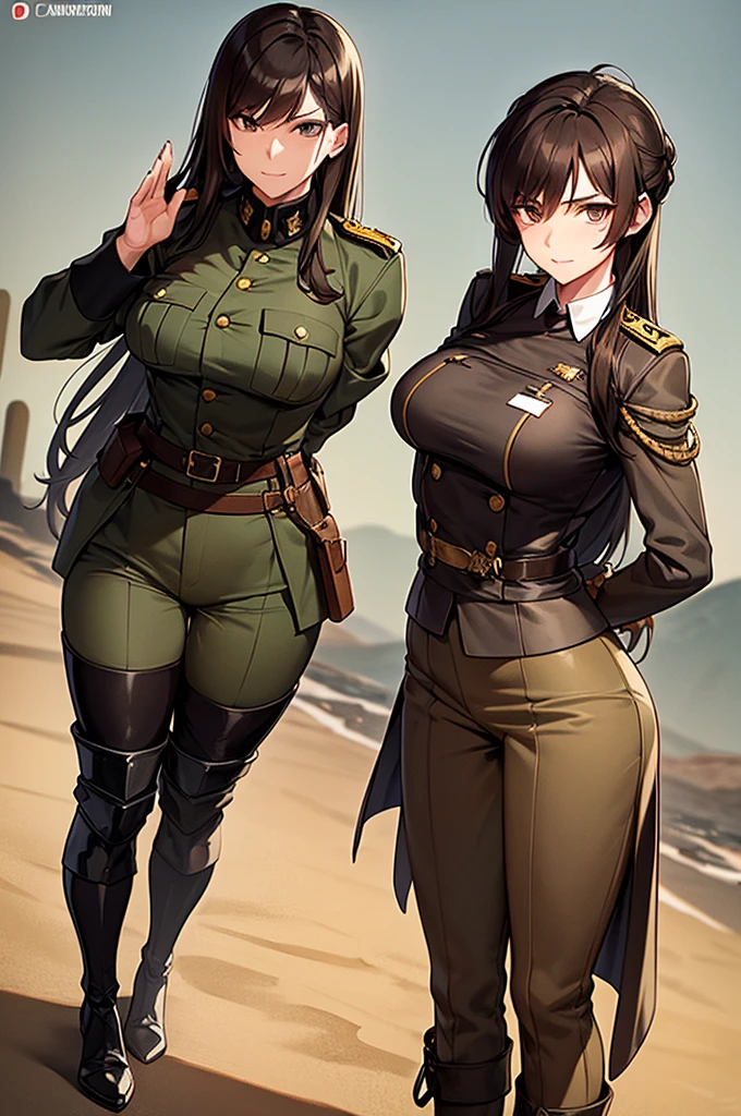 Content:
A black, adult female general with long brown hair and brown eyes. She has a mature face and is wearing a uniform loosely inspired by German military attire. She is saluting the camera with a confident and serious expression, her left hand behind her back.

Medium:
Digital art, anime illustration.

Style:
Pixiv contest winner, fine art, incorporating elements from historical military aesthetics and anime character design to emphasize a confident and mature look. Drawing style references from artists known for their strong, detailed character portrayals like Yoji Shinkawa.

Lighting:
Dramatic, with strong contrasts to highlight her authoritative presence and the details of her uniform. Subtle shadows add depth and realism, emphasizing her serious demeanor.

Colours:
A palette of military greens and browns, with subtle highlights to bring out the texture of the uniform and her facial features. The background is a desert setting, enhancing the military theme.

Composition:
A full-body shot, capturing her mature and confident demeanor. She stands tall and proud, with her right hand raised in a salute and her left hand behind her back. The desert landscape serves as the backdrop, reinforcing her military presence.