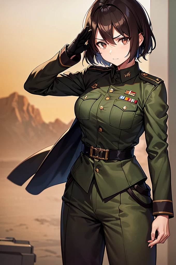 Content:
A black, adult female general with long brown hair and brown eyes. She has a mature face and is wearing a uniform loosely inspired by German military attire. She is saluting the camera with a confident and serious expression, her left hand behind her back.
Medium:
Digital art, anime illustration.
Style:
Pixiv contest winner, fine art, incorporating elements from historical military aesthetics and anime character design to emphasize a confident and mature look. Drawing style references from artists known for their strong, detailed character portrayals like Yoji Shinkawa.
Lighting:
Dramatic, with strong contrasts to highlight her authoritative presence and the details of her uniform. Subtle shadows add depth and realism, emphasizing her serious demeanor.
Colours:
A palette of military greens and browns, with subtle highlights to bring out the texture of the uniform and her facial features. The background is a desert setting, enhancing the military theme.
Composition:
A full-body shot, capturing her mature and confident demeanor. She stands tall and proud, with her right hand raised in a salute and her left hand behind her back. The desert landscape serves as the backdrop, reinforcing her military presence.