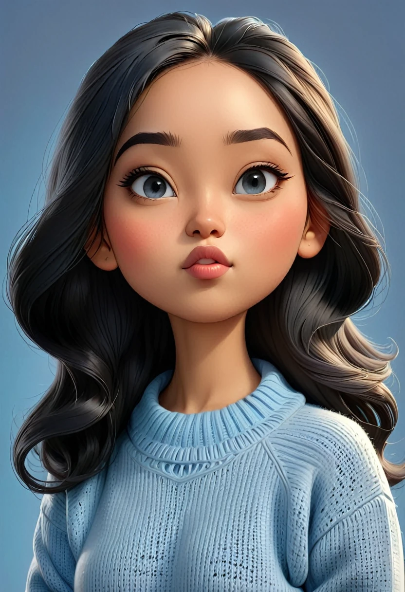 realistic 4D caricature of a big head, a beautyful indonesian girl age 21 yo, oval face, white skin, long black hair , wearing a sweater, light . blue and black gradient ,standing pose, grey background