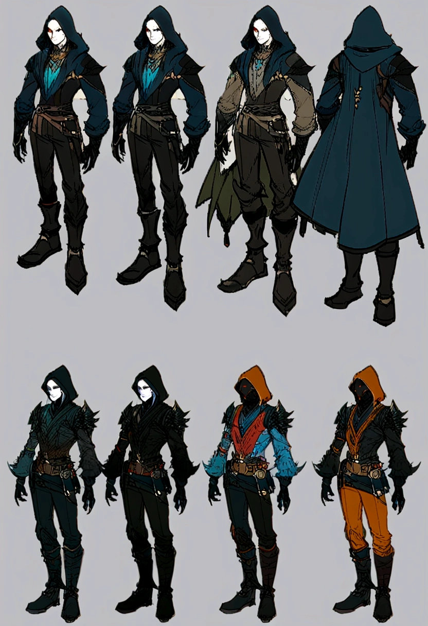 A young male with thin muscular phisque, black hair with blue eyes, hair long, dark outfit, three-dimensional facial features,Clear Eyes,rough skin texture,pale skin, Dark lowered hood n back of jacket, boots on feet,The concept of a modern character, complex character, RPG concept art character, full body concept, Character posing for concept art, RPG character concept art, senior concept artist, Detailed full-body concept, fantasy character design, dark fantasy character design, concept art character, spirit fantasy concept art