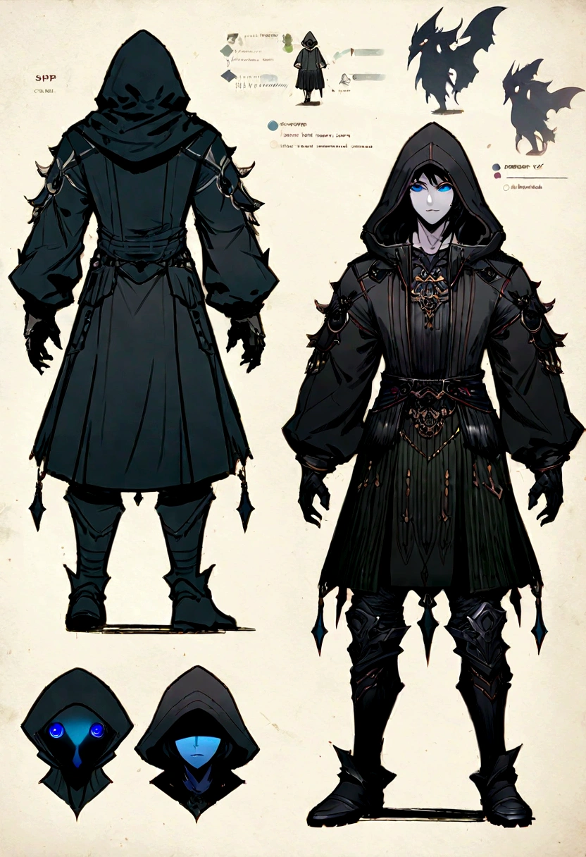 A young male with thin muscular phisque, black hair with blue eyes, hair long, dark outfit, three-dimensional facial features,Clear Eyes,rough skin texture,pale skin, Dark lowered hood n back of jacket, boots on feet,The concept of a modern character, complex character, RPG concept art character, full body concept, Character posing for concept art, RPG character concept art, senior concept artist, Detailed full-body concept, fantasy character design, dark fantasy character design, concept art character, spirit fantasy concept art