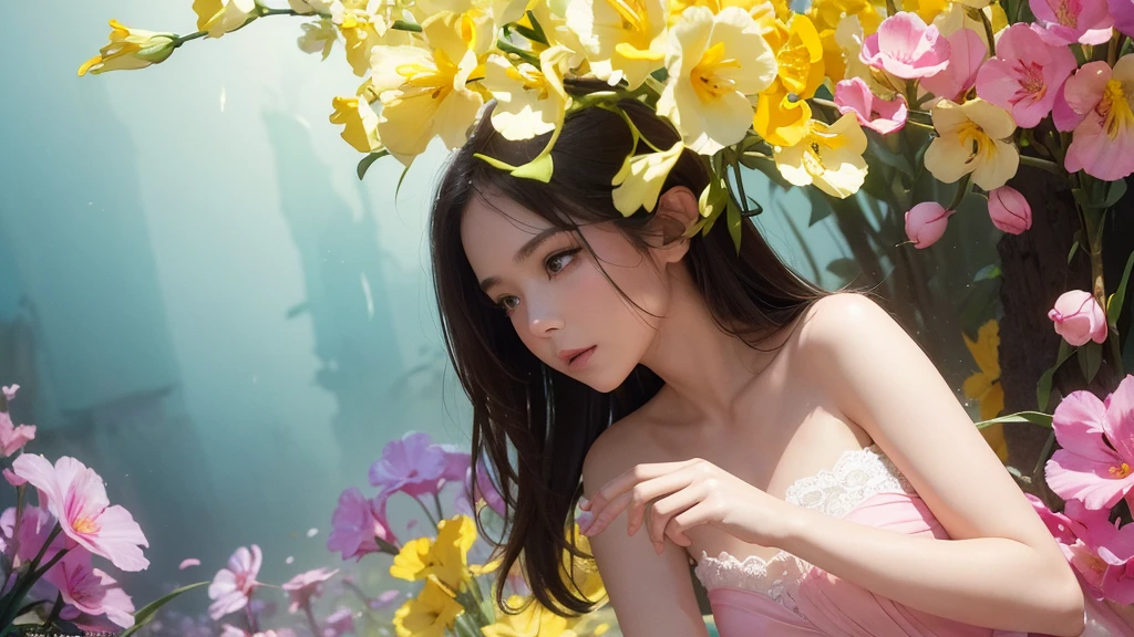 32k, Masterpiece, Highest quality, One girl, Detailed eyes, flower,gladiolus, Yellow and pink style,A dreamy, romantic piece,Pale yellow, Mysterious Leaves,A playful arrangement,Fantasy,High Contrast,Ink strokes,explosion,Exposure, Impression of yellow and white tones,Abstract,((Watercolours by John Berkey and Jeremy Mann )) Brush strokes,Negative Space, Tyndall effect,
