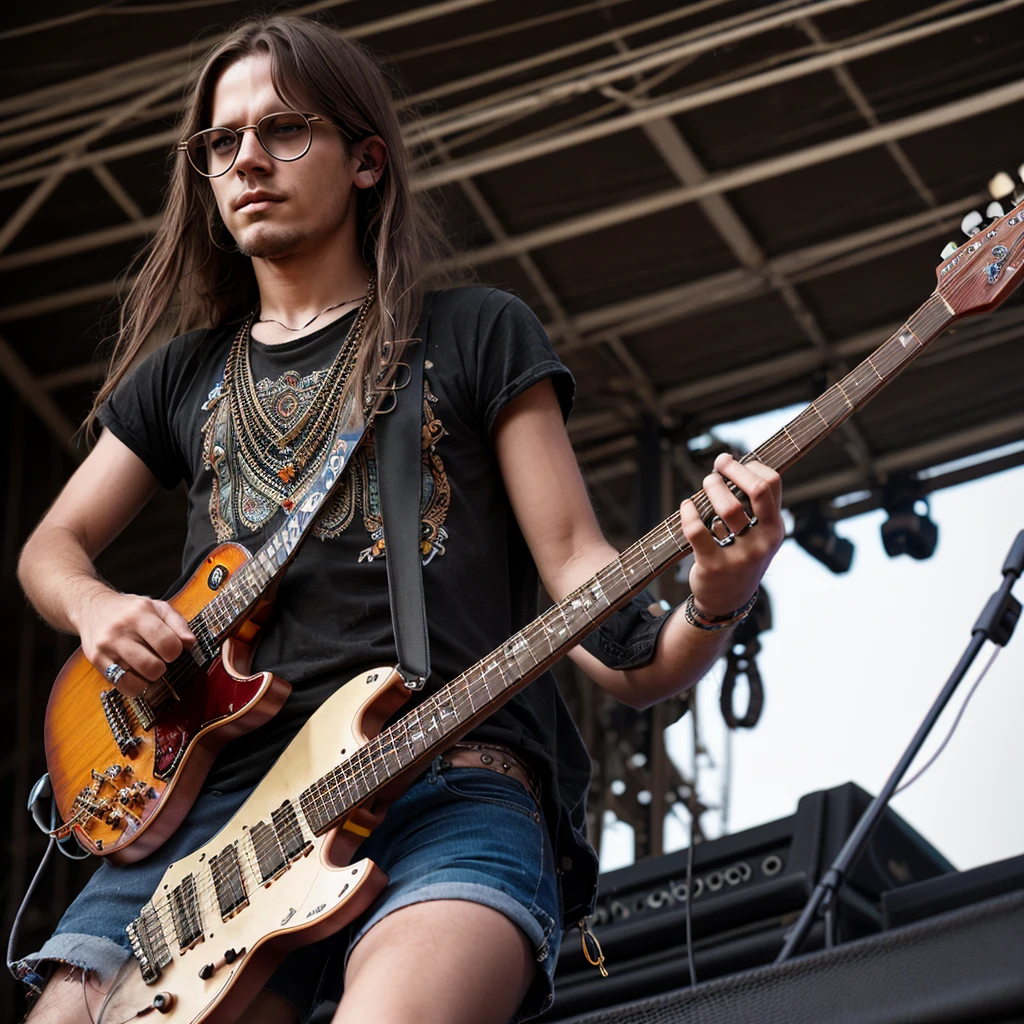 Guitarist playing a tune at an indie music festival, He is dressed in little clothing and chains with hippie symbology charms. , long hair and dark glasses