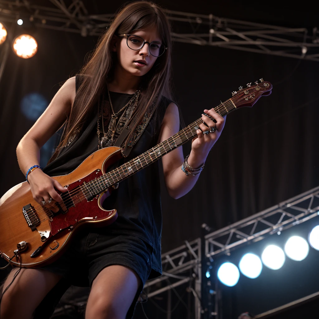 Guitarist playing a tune at an indie music festival, He is dressed in little clothing and chains with hippie symbology charms. , long hair and dark glasses