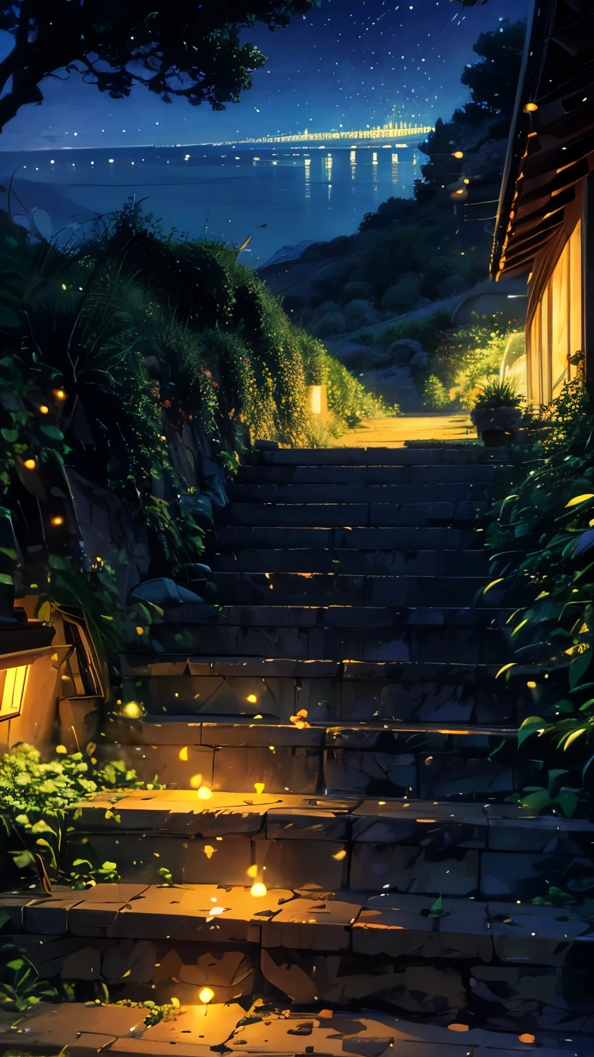 arafed view of a steep hill with a view of the ocean, long winding stairs going down, 400 steps, coming down the stairs, walking down a marble stairwell, from the distance, jenna barton, be running up that hill, humongous view, beautiful view, bay area, san francisco, john baer(fireflies and glowing effect)(straight angle view)