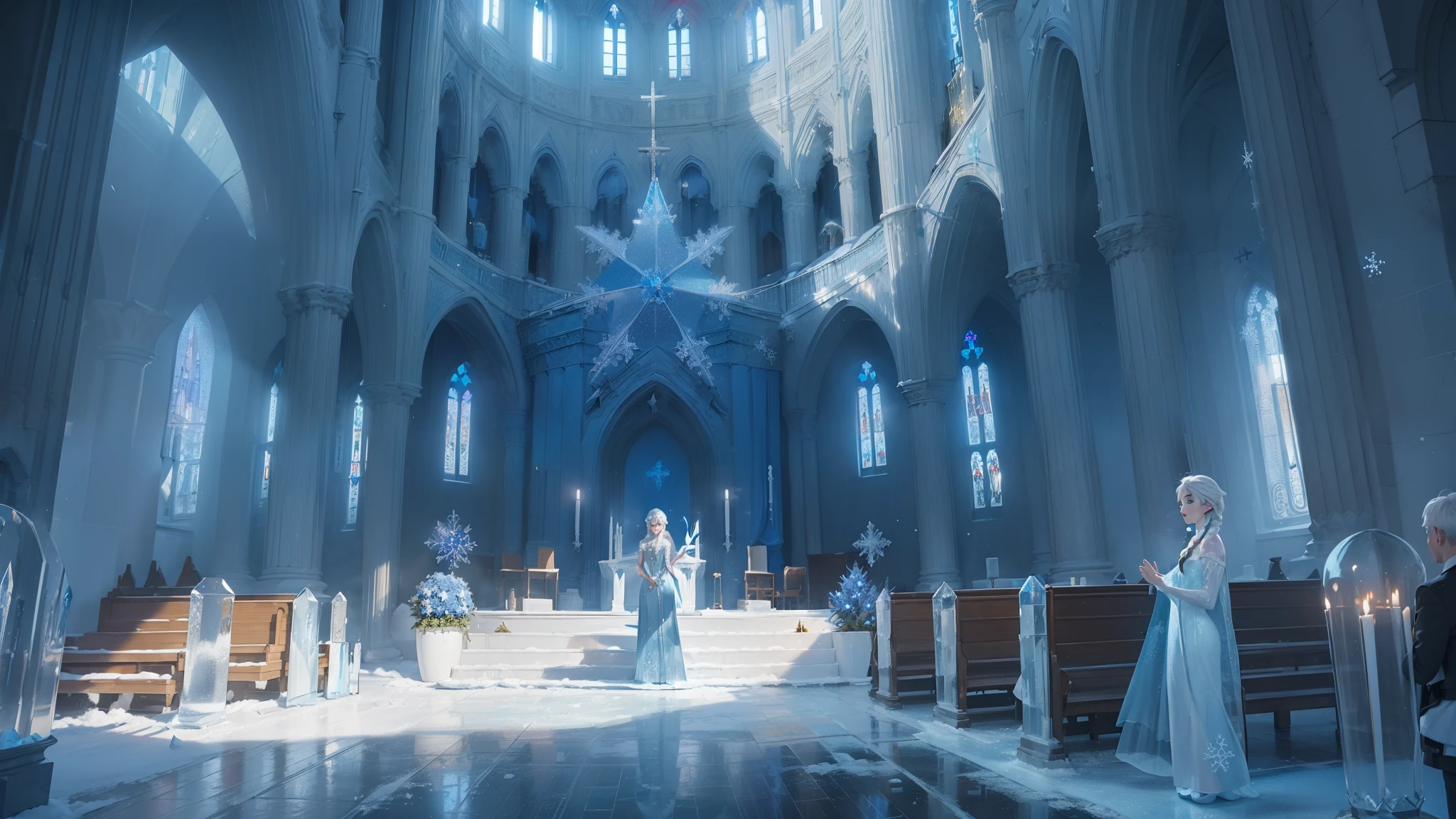 (((Different world interior scene，Frozen Church,Rooftop blue flag)))，（Spiral staircase,Statue of the Goddess），shrine，beauty，Spectacular，majesty，luxurious，Ice cubes，Crystal clear，Glass，transparent，Light，warmth，