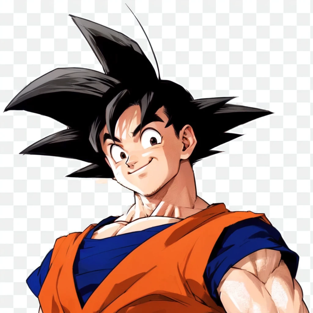 goku, black hair, smile, black eyes, orange clothes with blue edges, muscular