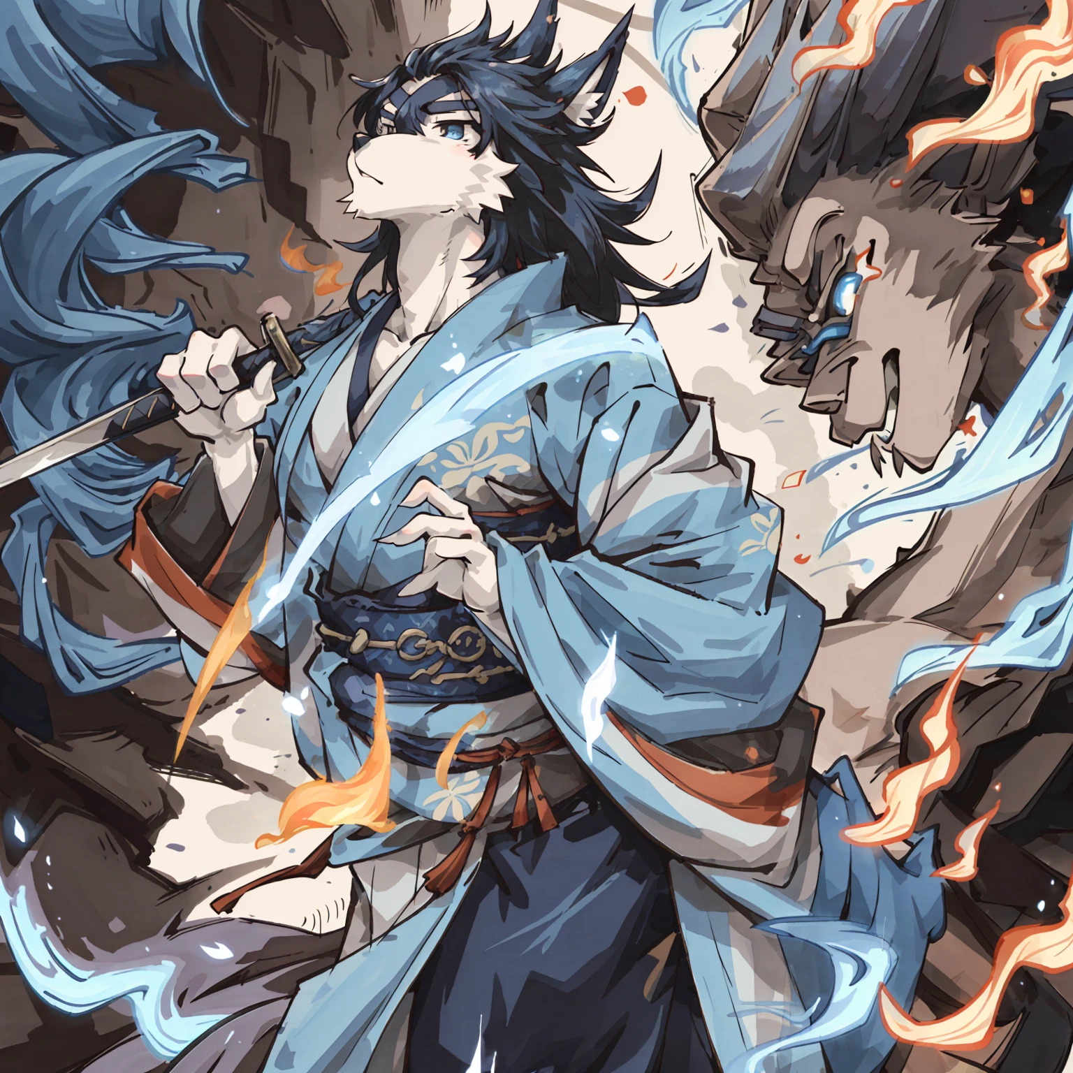 cover page, highres, top quality, best quality, paid reward available, unparalleled masterpiece, perfect artwork, absurdres, High-quality illustrations, super high resolution, detailed background, shuimobysim, perfect ??????? (furry, anthro, kemono, solo focus, Japanese kimono, ninja, samurai, sword with blue flames, battle duels),