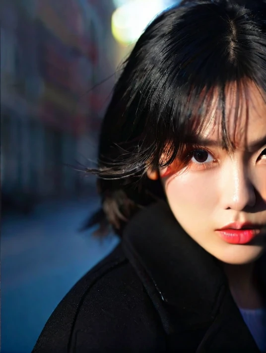 (award-winning images:1.3) of (Very realistic:1.3),(angry:1.3) (close up:0.7), woman wearing a black coat, real skin, canon 5d, 85 mm, depth of field, 8K, extra sharpness, RTX, Octane, untrue, incredible light, world class illumination (By artist WLOP:1.3),Highly detailed,(dark wave art:1.3),(hardcore art:1.3),(Agfa Color:1.3),(vertical close:1.3),(ofผู้หญิง:1.4),(beautiful:1.4),(charming:1.3),handsome,Calendar pose,Eyes with perfect details,studio lighting,Thematic background