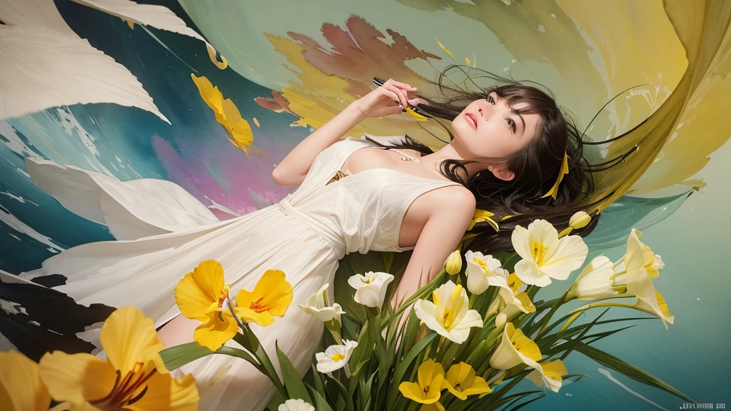 32k, Masterpiece, Highest quality, One girl, Detailed eyes, flower,gladiolus, Yellow and pink style,A dreamy, romantic piece,Pale yellow, Mysterious Leaves,A playful arrangement,Fantasy,High Contrast,Ink strokes,explosion,Exposure, Impression of yellow and white tones,Abstract,((Watercolours by John Berkey and Jeremy Mann )) Brush strokes,Negative Space, Tyndall effect,