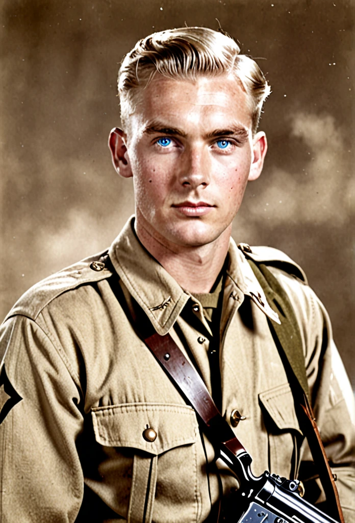 adult man, blue eyes, ww2 soldier, hairstyle blonde hair, holding a garand m1, in Pacific khaki uniform
