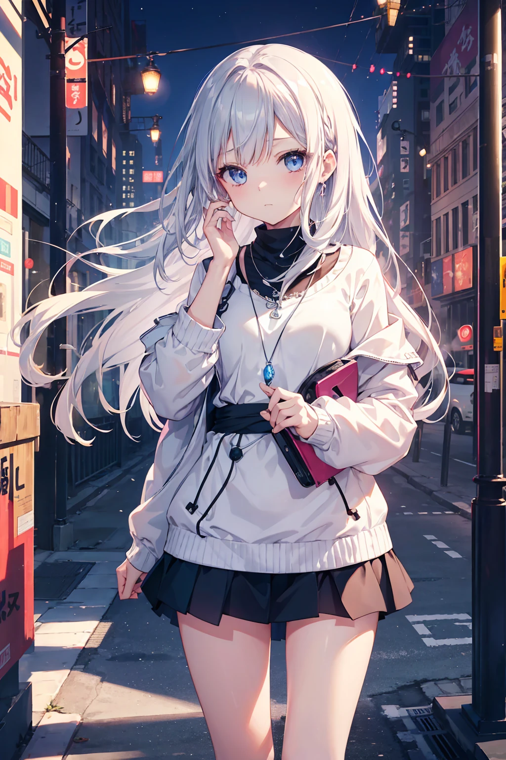 (masutepiece, Best Quality:1.2), 1girl in with blue eyes and white hair , Solo, Cute, kawaii, digitalart、Aimei、(long, Beautiful,Silver hair.Flowing in the wind)、onepiece、a miniskirt、Urban hustle and bustle、Meeting for a date、Colorful cyberpunk city background,during daytime, Embarrassed expression, 、glistning skin、Small-faced beauty, Heart-shaped necklace、glowing necklace、High Angle Lens、perfect-composition、Perfect light and shadow delicacy、in 8K
