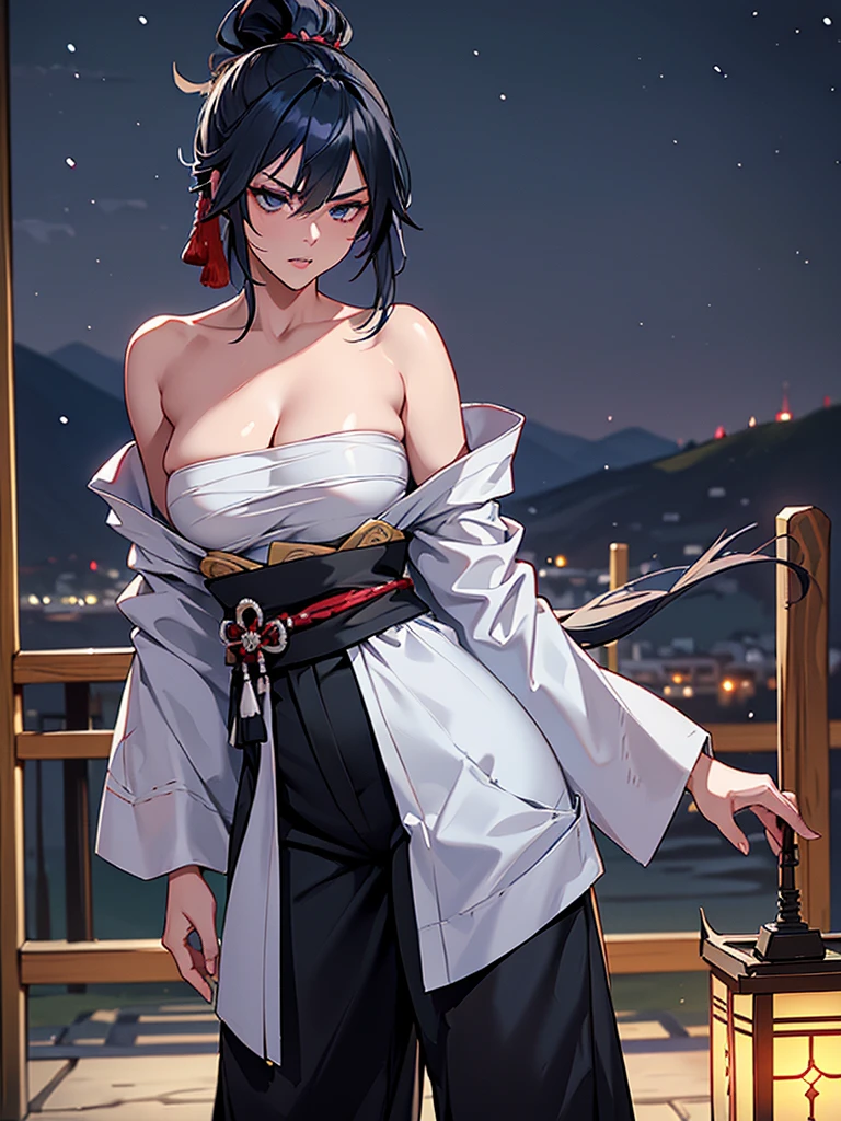 a female samurai, beautiful detailed eyes, beautiful detailed lips, extremely detailed face, long eyelashes,hyper realistic lighting,(super detailed:1.3),((best quality:1.2)),((masterpiece:1.2)),female focus,lonely beauty,(nighttime:1.6),(standing in a medieval europe castletown),cowboy shot,cleavage,((chest sarashi:1.125)),topknot,muted dark blue hair,white samurai coat,(black samurai pants:1.3),(angry:1.1),(wearing one sleeve),(ripped sarashi:1.4),ripped kimono, ripped pants