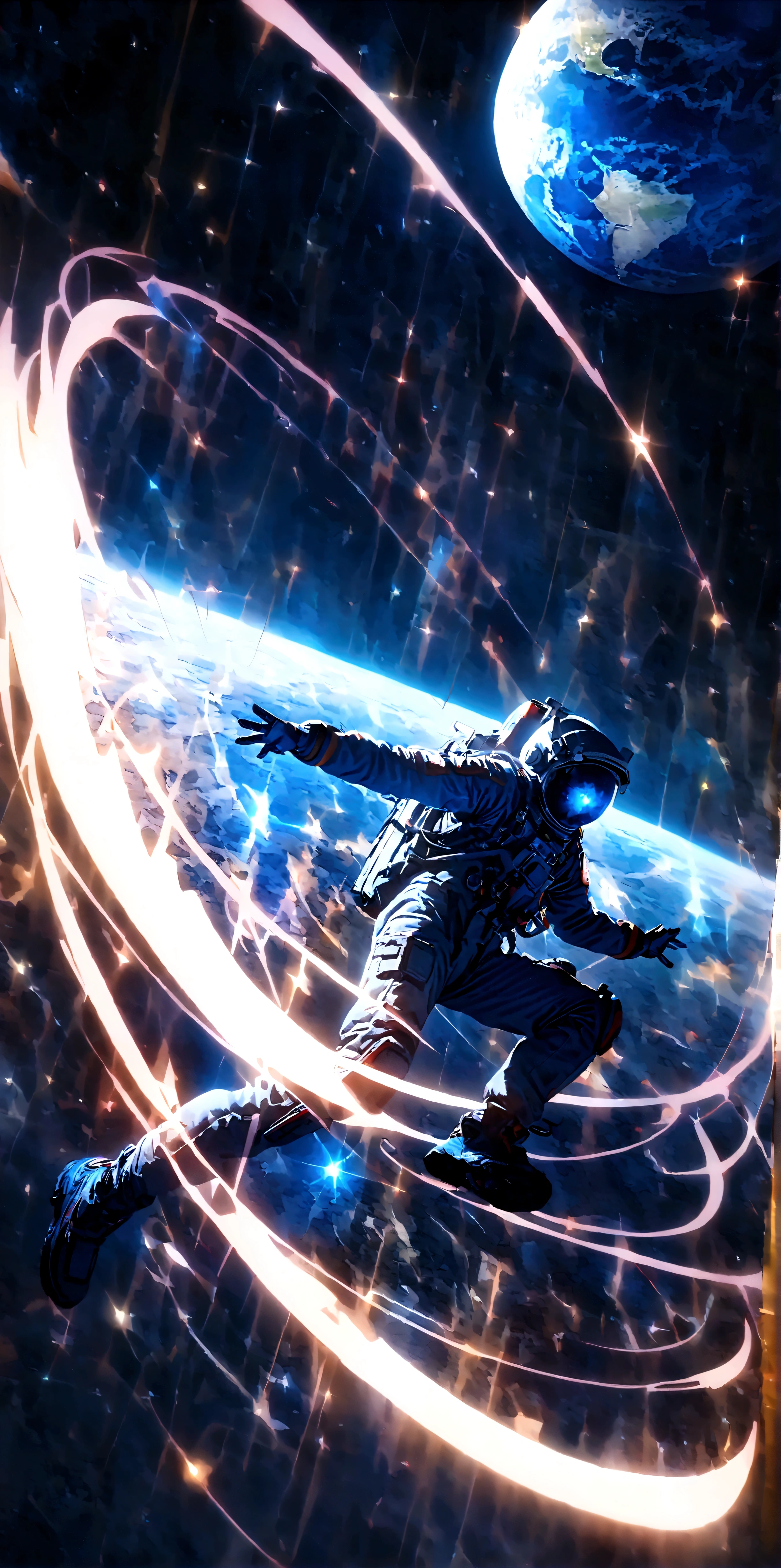 quality\(8k,wallpaper of extremely detailed CG unit, masterpiece,hight resolution,top-quality,top-quality real texture skin,hyper realisitic,increase the resolution,RAW photos,best qualtiy,highly detailed,the wallpaper,cinematic lighting,ray trace,golden ratio\), BREAK ,solo,1astronaut wearing space suit floating aimlessly in the galaxy\(dark,beautiful,beautiful stars\) and behind him a beautiful dazzling (sun surely rising:1.2) from behind the beautiful (blue earth:1.6),(long shot:1.5),dynamic pose,dynamic angle