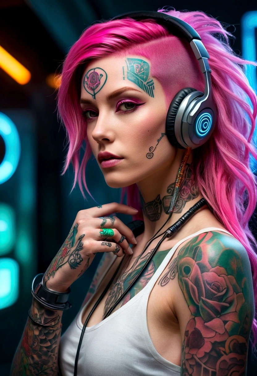 Designer de imagem "Cyberpunk & Realistic". Futuristic depiction of a perfectly tattooed woman with high-tech mechanical prosthetics, long messy pink hair, and headphones. Embrace the cyberpunk aesthetic with neon lights and bright tattoos, maintaining the realistic portrayal of its features. "The lighting" Dynamic neon lighting with natural light sources to highlight cyberpunk tattoos and prosthetics, mantendo sombras e destaques realistas. "Camera positioning" Off-center and close-up camera positioning, Capturing dynamic pose to show off cyberpunk tattoos and high-tech prosthetics in detail. "Paleta de cores" Cyberpunk-inspired color palette with neon tones, rosa fluorescente, e verde brilhante, complemented by realistic skin tones and metallic details for representation of advanced technology.