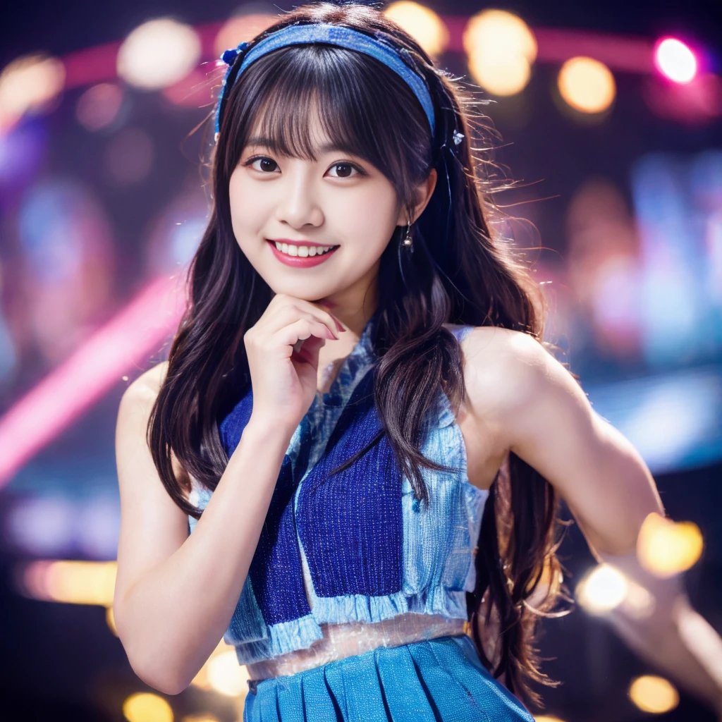(RAW Photo, Best Quality), (Realistic, Photo Realistic: 1.3), Best Quality, Highly Detailed, Masterpiece, Ultra Detailed, 1 Girl, upper_body, Dynamic Angle, Extremely Detailed CG Unified 8k Wallpaper, Ink, Amazing, Movie upper_body, World Mastery Theater, messy_long_hair, Best Quality, Extremely Detailed CG Unified 8k Wallpaper, Ink, Amazing, Movie Lights, lens_flare, Detailed Face, (Deliberate expression: 1.5), sony master shot, woman posing for photo in front of tv, hi-res screenshot, normal hands, nice studio lighting, vhs screenshot, beautiful fine face, (Japanese teenage girl idol:1.5), performing on stage, (wearing blue-color idol costume:1.5), black short bob hairstyle, smiling,stage background, stage lights, concert setting, not city background,(wearing a colorful hair accessory)