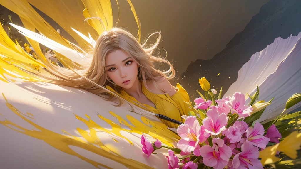 32k, Masterpiece, Highest quality, One girl, Detailed eyes, flower,gladiolus, Yellow and pink style,A dreamy, romantic piece,Pale yellow, Mysterious Leaves,A playful arrangement,Fantasy,High Contrast,Ink strokes,explosion,Exposure, Impression of yellow and white tones,Abstract,((Watercolours by John Berkey and Jeremy Mann )) Brush strokes,Negative Space, Tyndall effect,